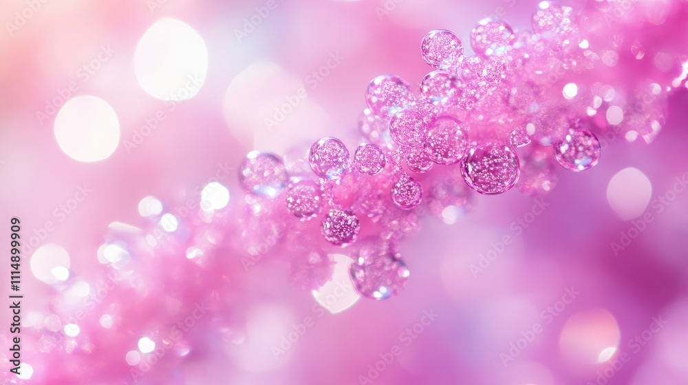 Poster a close-up of a sparkling pink dna helix structure, illuminated with soft light to reveal its intric