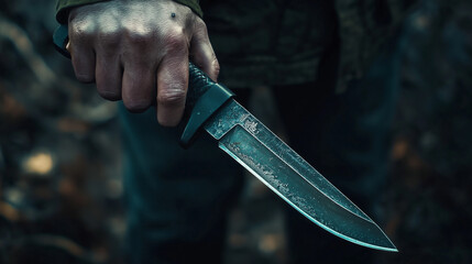 A soldier firmly holds a shining, razor-edged combat knife with unwavering focus