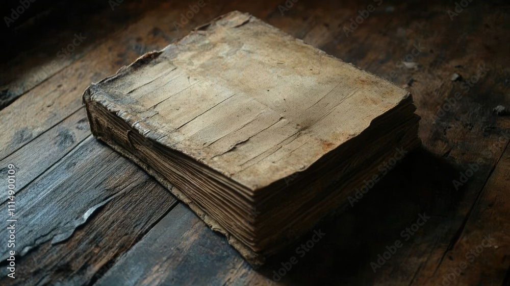 Poster a close-up of a weathered book with empty pages on a rustic wooden surface, evoking nostalgia and an