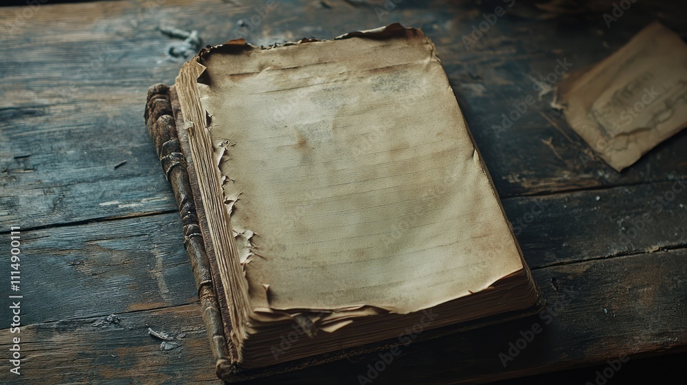 Aufkleber A close-up of a weathered book with empty pages on a rustic wooden surface, evoking nostalgia and an old-world charm.
