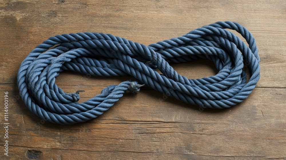 Poster a close-up of blue rope with intricate twists, lying on an aged wooden surface, capturing the textur