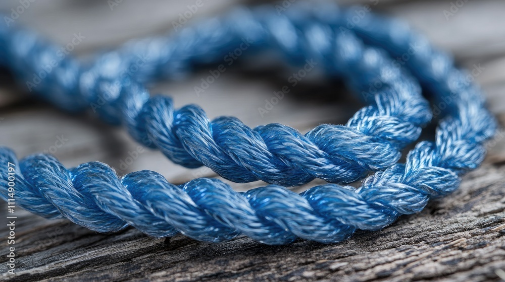 Poster a close-up of blue rope with intricate twists, lying on an aged wooden surface, capturing the textur