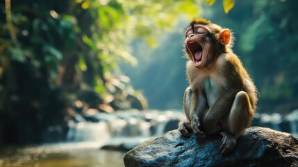 Obraz premium A close-up of a yawning monkey perched on a rock beside a river, with vibrant greenery and natural beauty surrounding it.