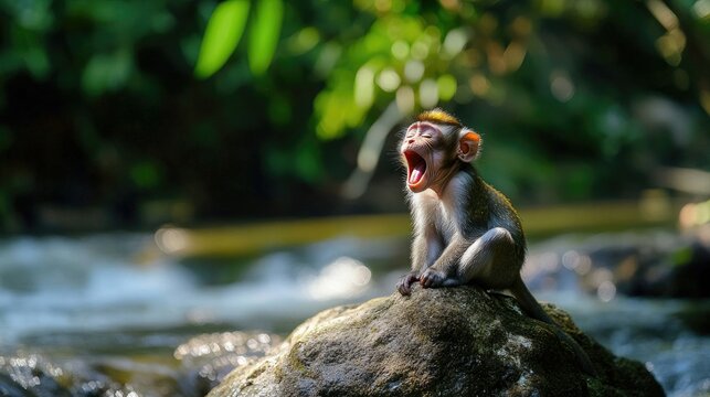 A close-up of a yawning monkey perched on a rock beside a river, with vibrant greenery and natural beauty surrounding it.