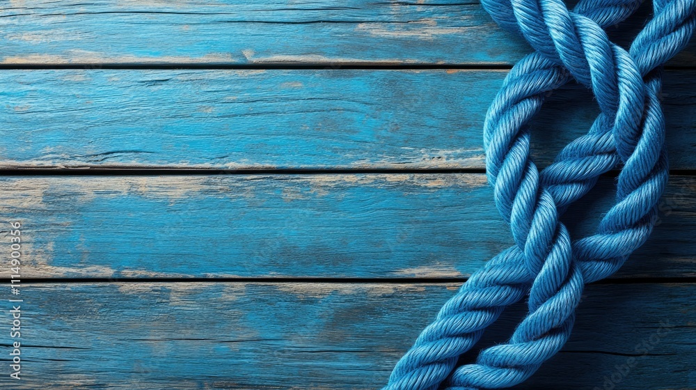 Poster a close-up of twisted blue rope lying on a weathered wooden surface, showing intricate texture and c