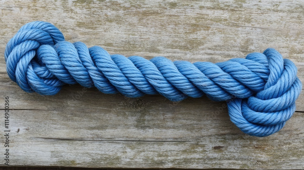 Poster A close-up of twisted blue rope lying on a weathered wooden surface, showing intricate texture and contrast against the rustic backdrop.