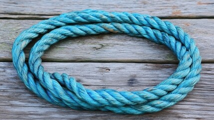Obraz premium A close-up of twisted blue rope lying on a weathered wooden surface, showing intricate texture and contrast against the rustic backdrop.