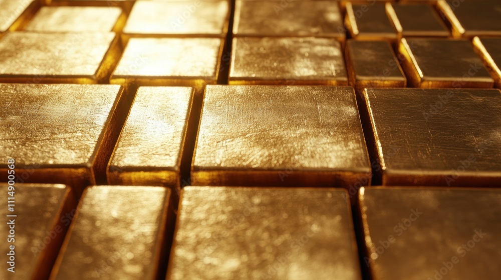 Poster A close-up shot of gold blocks meticulously arranged in a textured pattern, each block shining with a rich, polished finish.