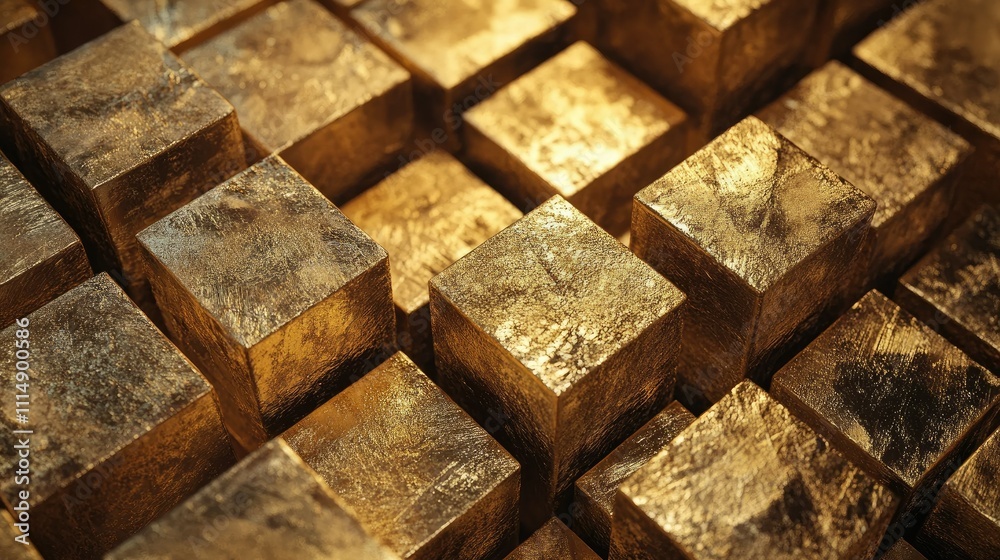 Poster A close-up shot of gold blocks meticulously arranged in a textured pattern, each block shining with a rich, polished finish.