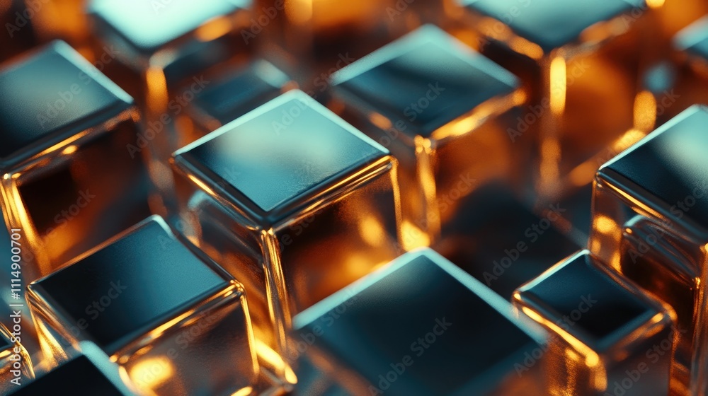 Poster A close-up view of metallic cubes reflecting warm light, creating a visually striking abstract composition with smooth, shiny surfaces.