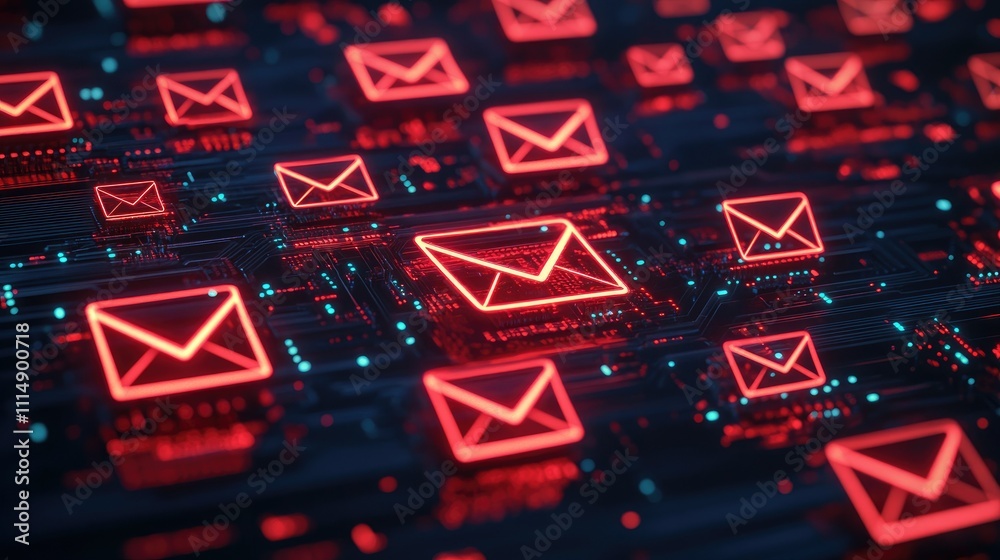 Poster A close-up view of glowing red email icons scattered across a dark, illuminated circuit board, symbolizing digital communication in technology and the modern age.