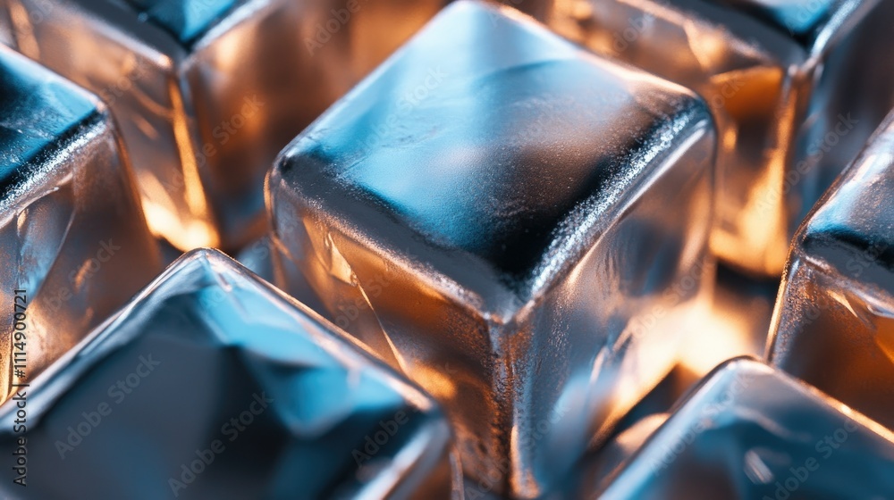 Poster A close-up view of metallic cubes reflecting warm light, creating a visually striking abstract composition with smooth, shiny surfaces.