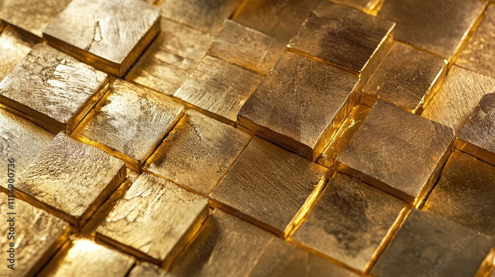 Poster A close-up view of shiny gold blocks arranged in a textured pattern, showcasing their gleaming surface and intricate arrangement.
