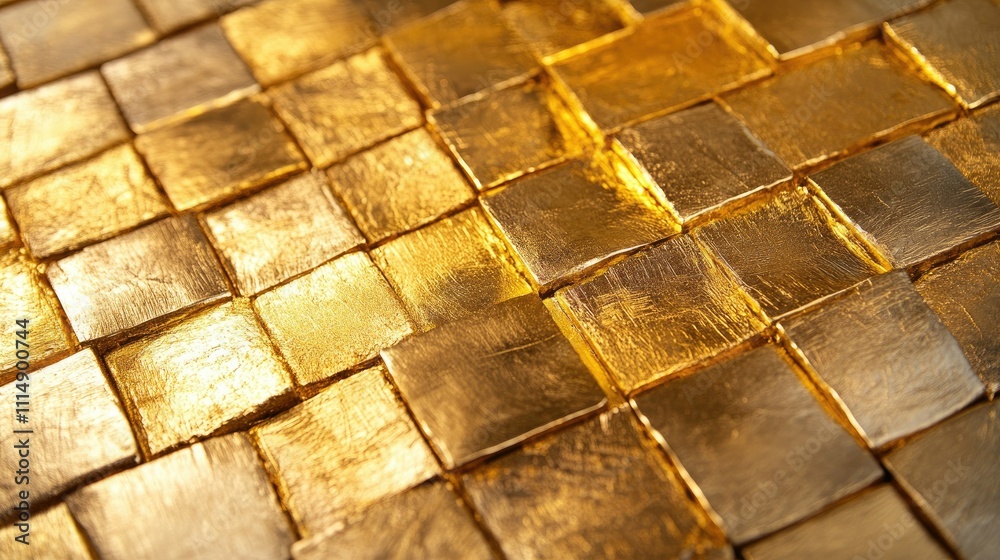 Poster A close-up view of shiny gold blocks arranged in a textured pattern, showcasing their gleaming surface and intricate arrangement.