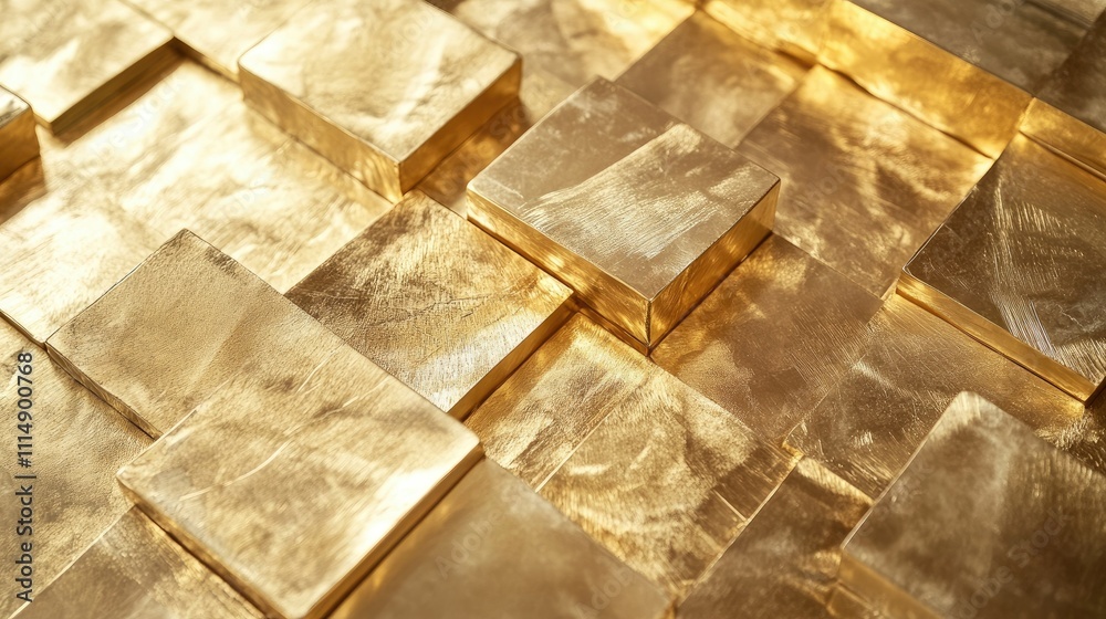 Poster A close-up view of shiny gold blocks arranged in a textured pattern, showcasing their gleaming surface and intricate arrangement.