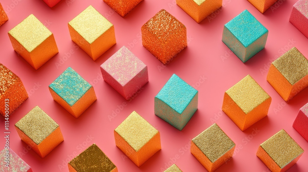 Poster A collection of vibrant golden cubes arranged in a 3D pattern, creating an intricate and modern visual effect.