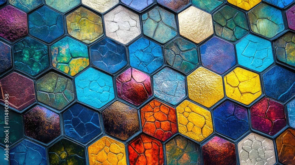 Poster a colorful, abstract display of hexagonal shapes with a metallic sheen, blending vibrant colors and 