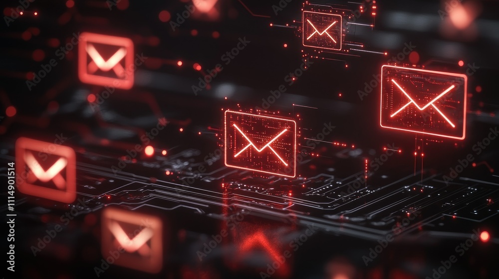 Aufkleber a dark circuit board with vibrant red email icons glowing, symbolizing the dynamic nature of digital