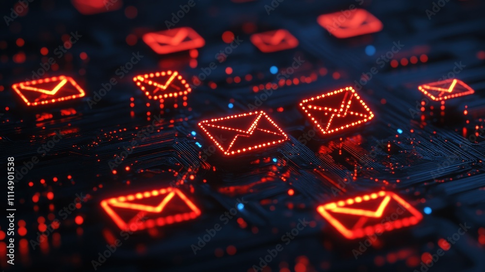 Aufkleber a dark circuit board with vibrant red email icons glowing, symbolizing the dynamic nature of digital