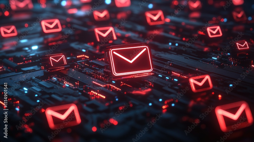 Poster A dark circuit board with vibrant red email icons glowing, symbolizing the dynamic nature of digital technology and communication networks.
