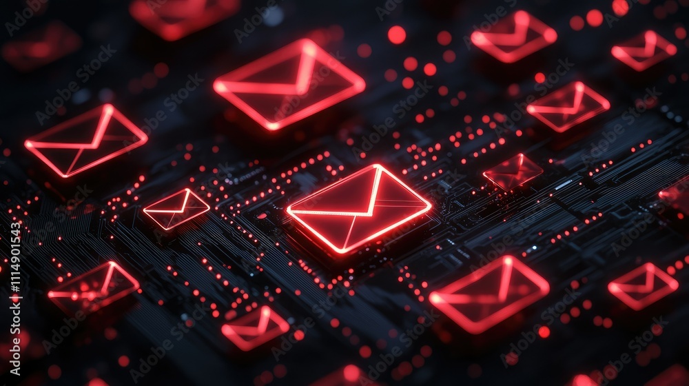Poster A dark circuit board with vibrant red email icons glowing, symbolizing the dynamic nature of digital technology and communication networks.
