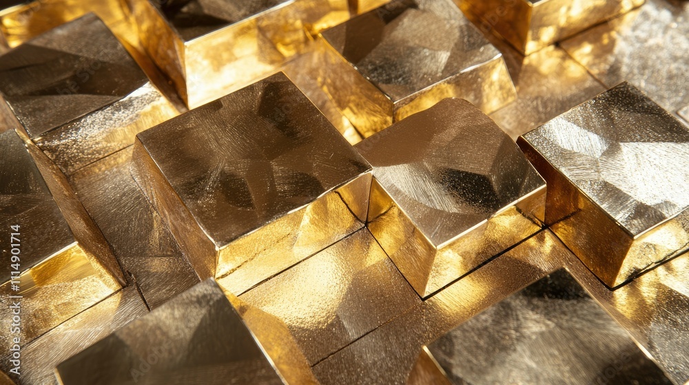 Poster A detailed close-up of polished gold blocks arranged in a geometric pattern, reflecting light and creating an elegant, textured surface.