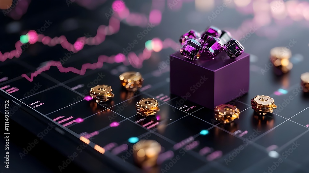 Poster luxurious 3d data visualization graph chart in a dark moody setting showcasing intricate digital ana