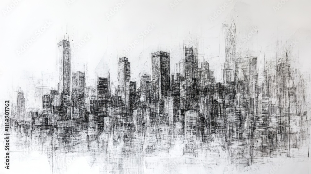 Aufkleber a detailed sketch of a modern city skyline with towering skyscrapers, highlighting the complexity of