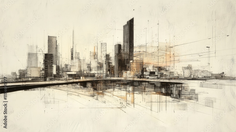 Aufkleber a detailed sketch of a modern city skyline with towering skyscrapers, highlighting the complexity of