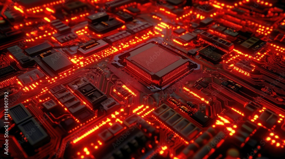 Poster A detailed view of a circuit board with red glowing lines, creating an intricate and modern digital network.