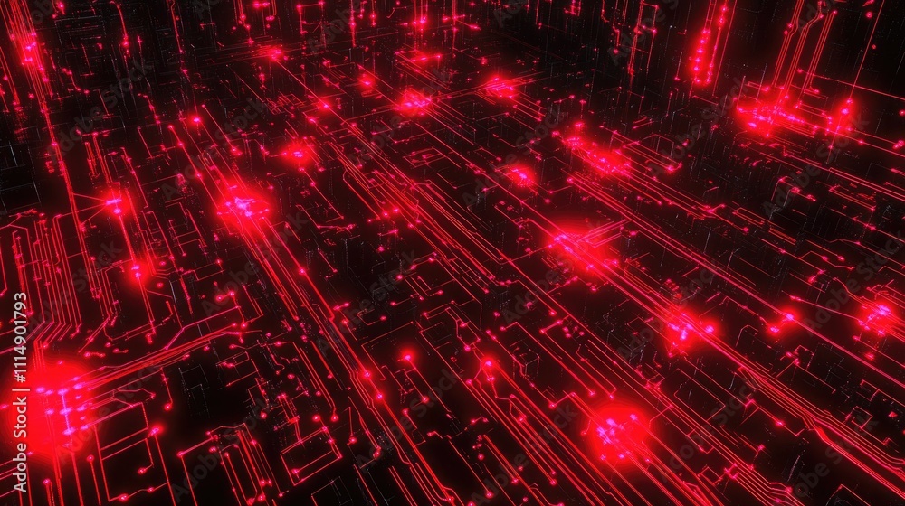 Poster A detailed view of a circuit board with red glowing lines, creating an intricate and modern digital network.