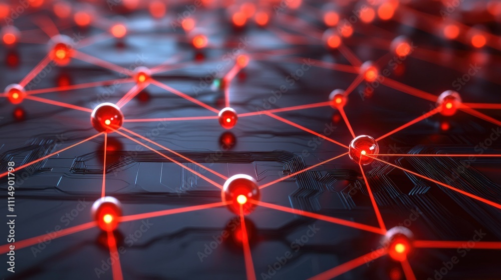 Poster A detailed view of a circuit board with red glowing lines, creating an intricate and modern digital network.