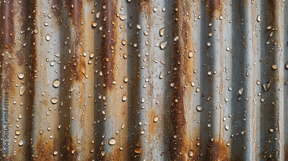 Aufkleber a detailed view of water droplets dripping from a corrugated metal roof during rainfall, creating a 