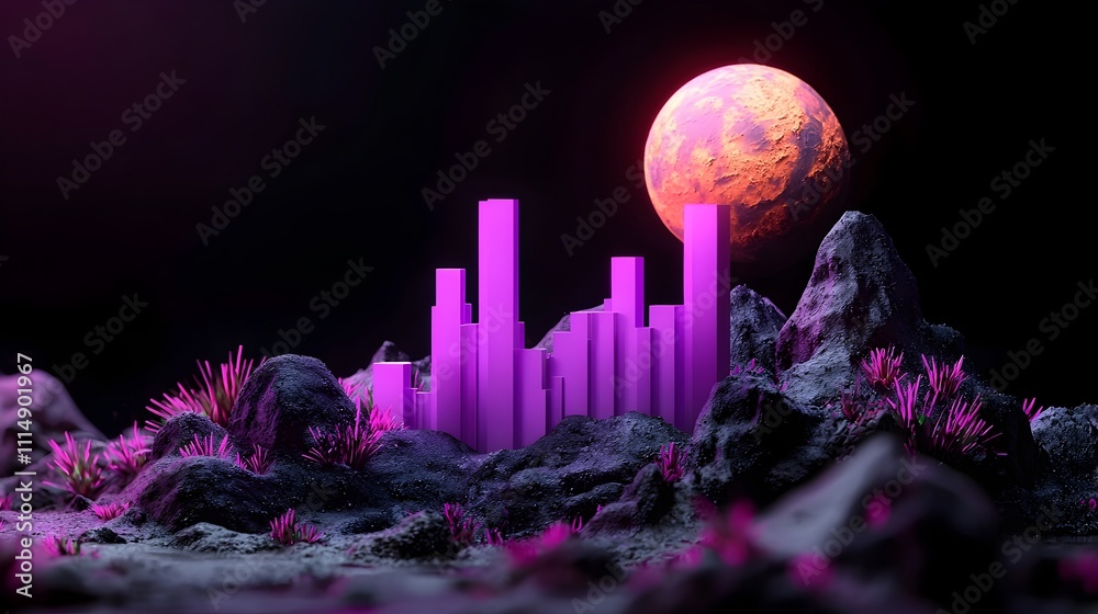 Poster minimalistic purple chart graph floating in a dark moody digital scene with a subtle mockup zone vis