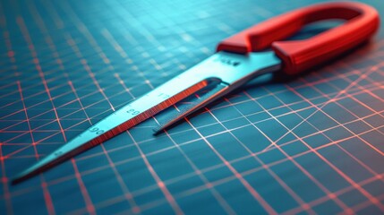 A pair of scissors with a red handle resting on a blue grid-patterned surface.