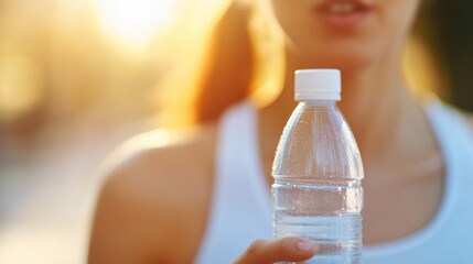A close-up of a water bottle held by a woman in sportswear, captured in warm sunlight after a workout session.
