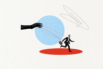 Composite photo collage of scared man wear formal suit run hand master obey marionette control...