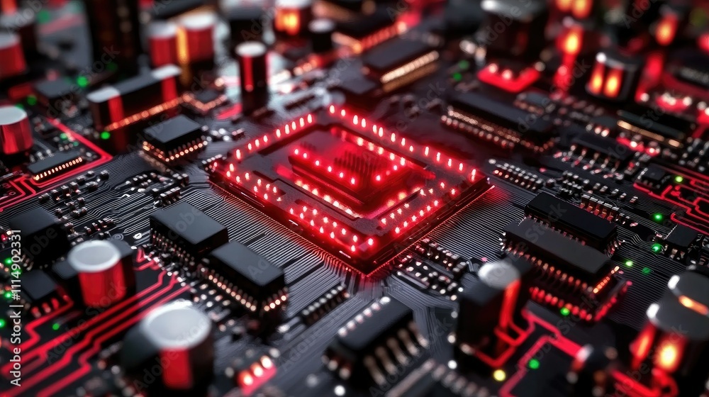 Poster A futuristic circuit board with glowing red elements, reflecting the power and complexity of modern technology.