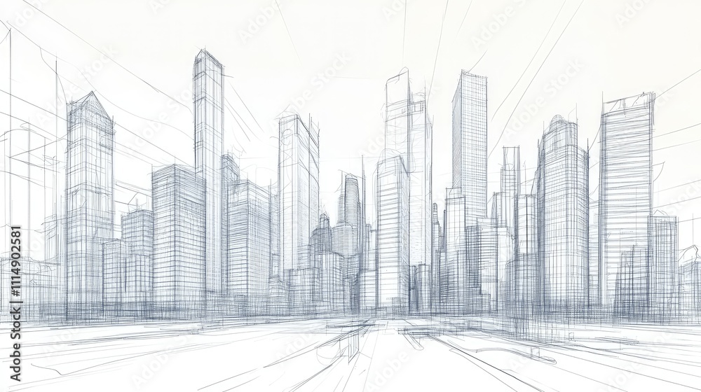 Poster a hand-drawn sketch featuring a detailed modern city skyline, with towering skyscrapers and intricat