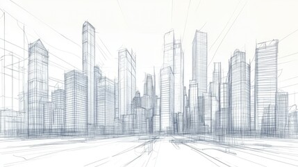 A hand-drawn sketch featuring a detailed modern city skyline, with towering skyscrapers and intricate lines that capture the essence of urban architecture.