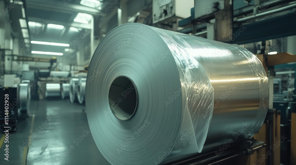 Poster a large roll of aluminum material in a factory, showcasing the industrial process and precision of m