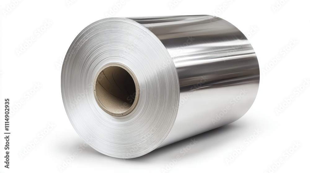 Poster a large roll of aluminum in a factory setting, showcasing the scale of industrial production with he