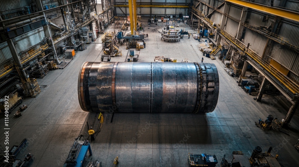 Poster a large steel coil lies on a factory floor, surrounded by industrial machinery and structures, empha