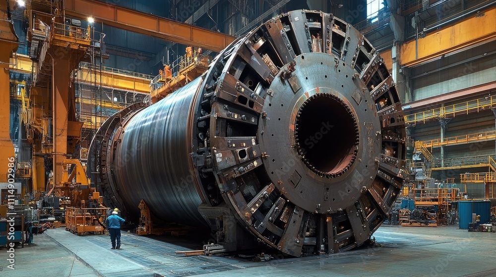 Poster a large steel coil lies on a factory floor, surrounded by industrial machinery and structures, empha