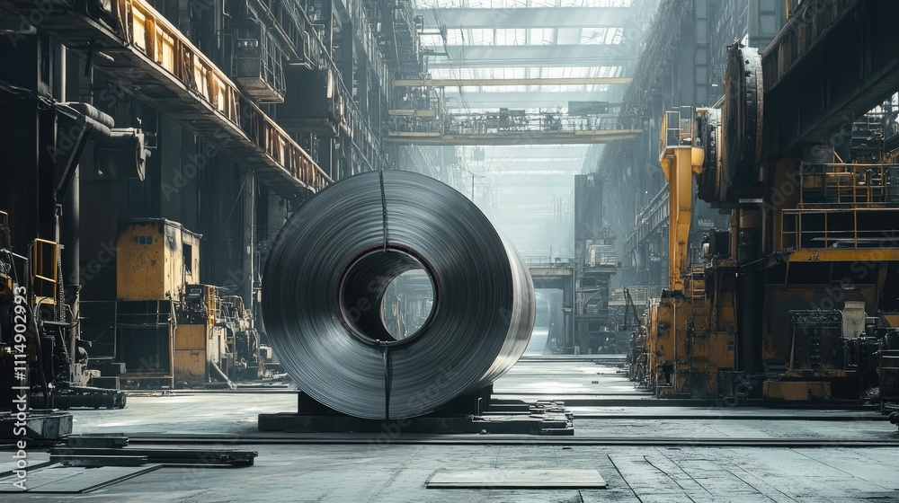 Poster a large steel coil lies on a factory floor, surrounded by industrial machinery and structures, empha