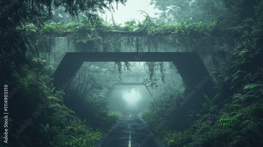 Poster a misty road scene featuring a concrete overpass, surrounded by lush greenery, creating a mysterious