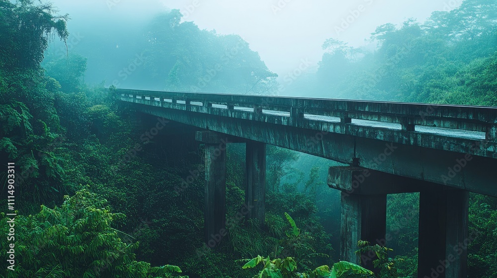 Poster a misty road scene featuring a concrete overpass, surrounded by lush greenery, creating a mysterious