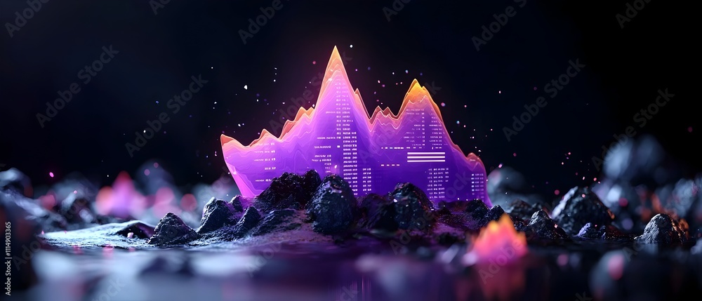 Poster sleek purple data graph display floating in an ethereal void visualizing futuristic economic growth 