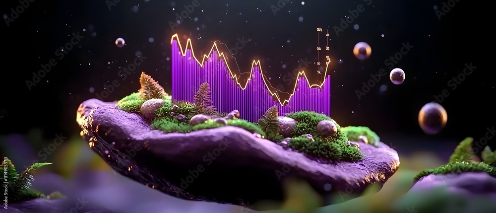 Poster sleek purple data graph display floating in futuristic void environment with shading and reflections
