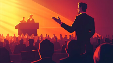 High-definition illustration of a leader giving a speech with hands raised, capturing the attention of an engaged audience in a large corporate hall4k image